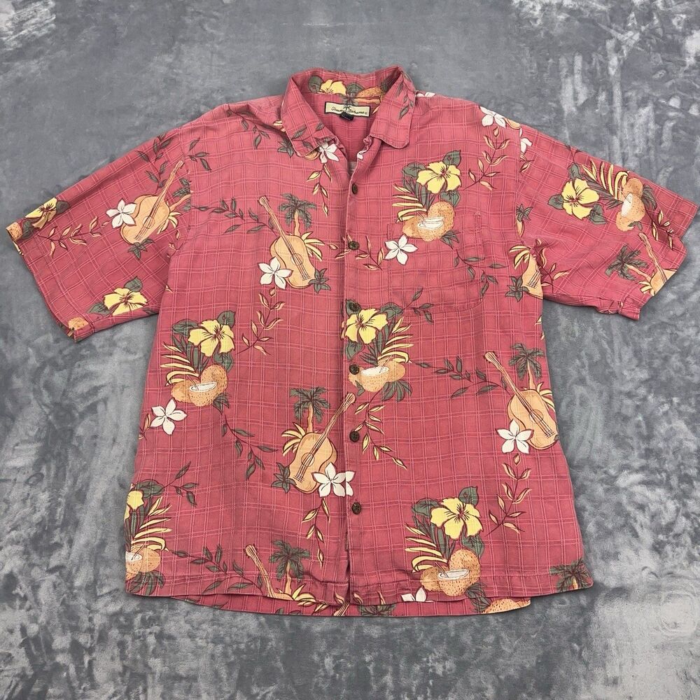 Tommy Bahama Shirt Mens Size M Pink Silk Button Up Loop Collar Coconut Guitar